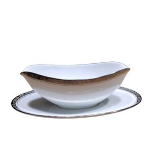 Noritake China Gravy Boat Dish 6340 Silvester Pattern White Oval